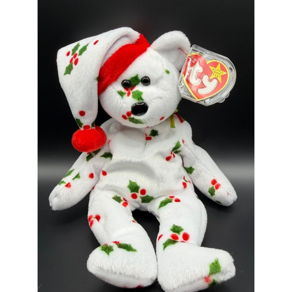 Ty Beanie Baby 1998 Holiday Teddy White Holly Berry Christmas Bear MWMT